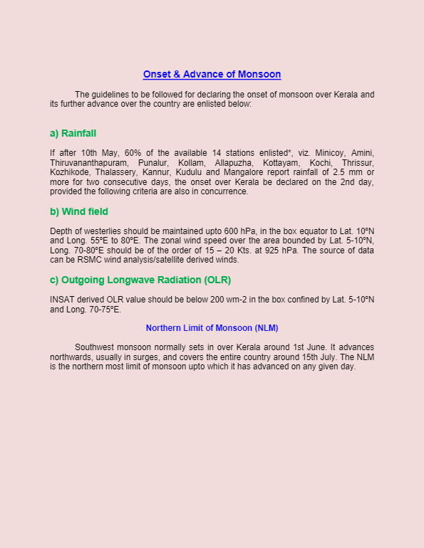 Criteria for Onset of Monsoon